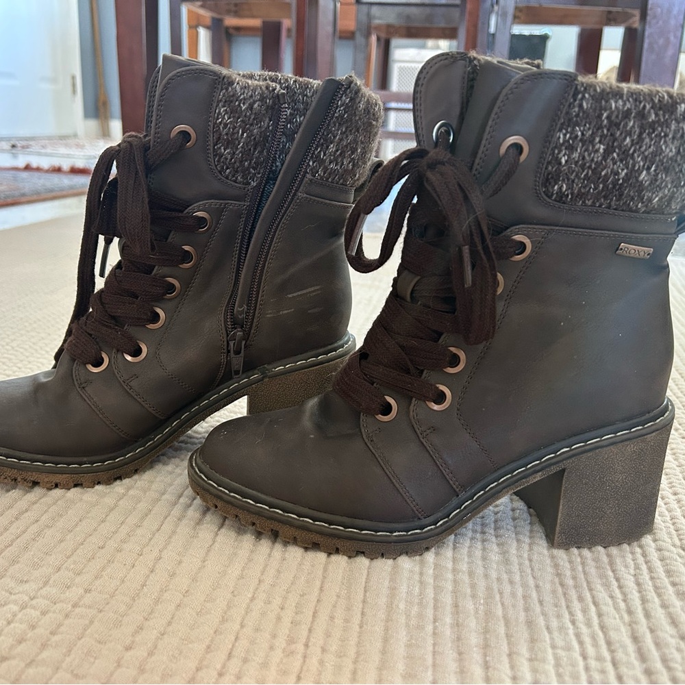 Roxy Dark Brown Lace-Up Knit Cuff Block Heel Boots